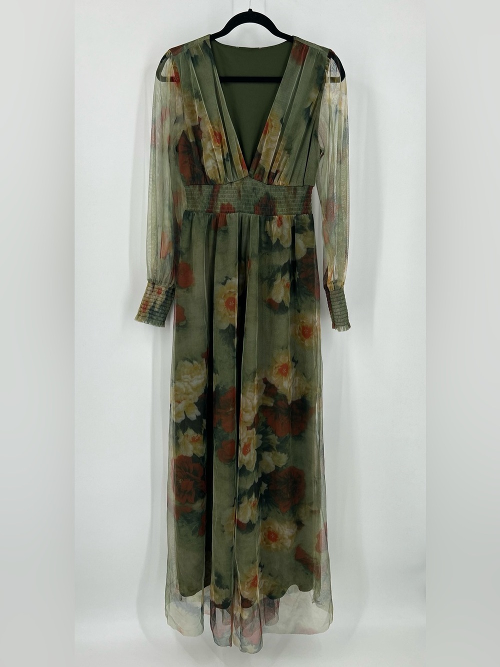 Baltic Born Layla Tulle Maxi Dress Olive + Rust Floral Size Small
